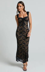 Robe midi Collette - Robe midi en dentelle noire avec buste froncé et larges bretelles