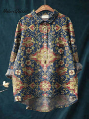 Vintage Ethnic Floral Art Print Casual Cotton And Linen Shirt