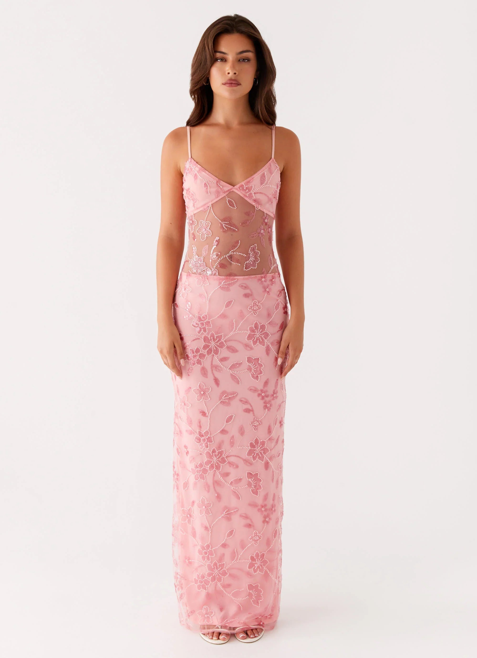 Robe longue perlée Akira - Rose orangé