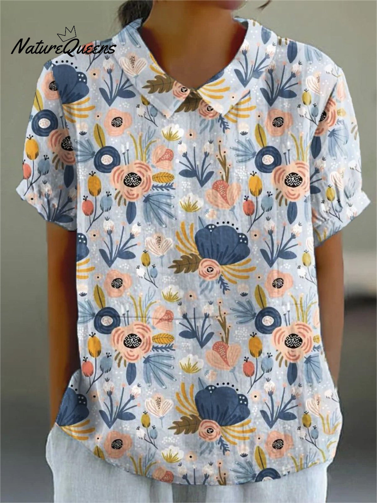 Women'sFlowerArt Print Casual Cotton And Linen Shirt