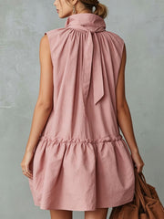 Women's Retro Vacation-style Stand Collar Front-button And Ruffled Trim Pink Cotton-linen Mini Dress