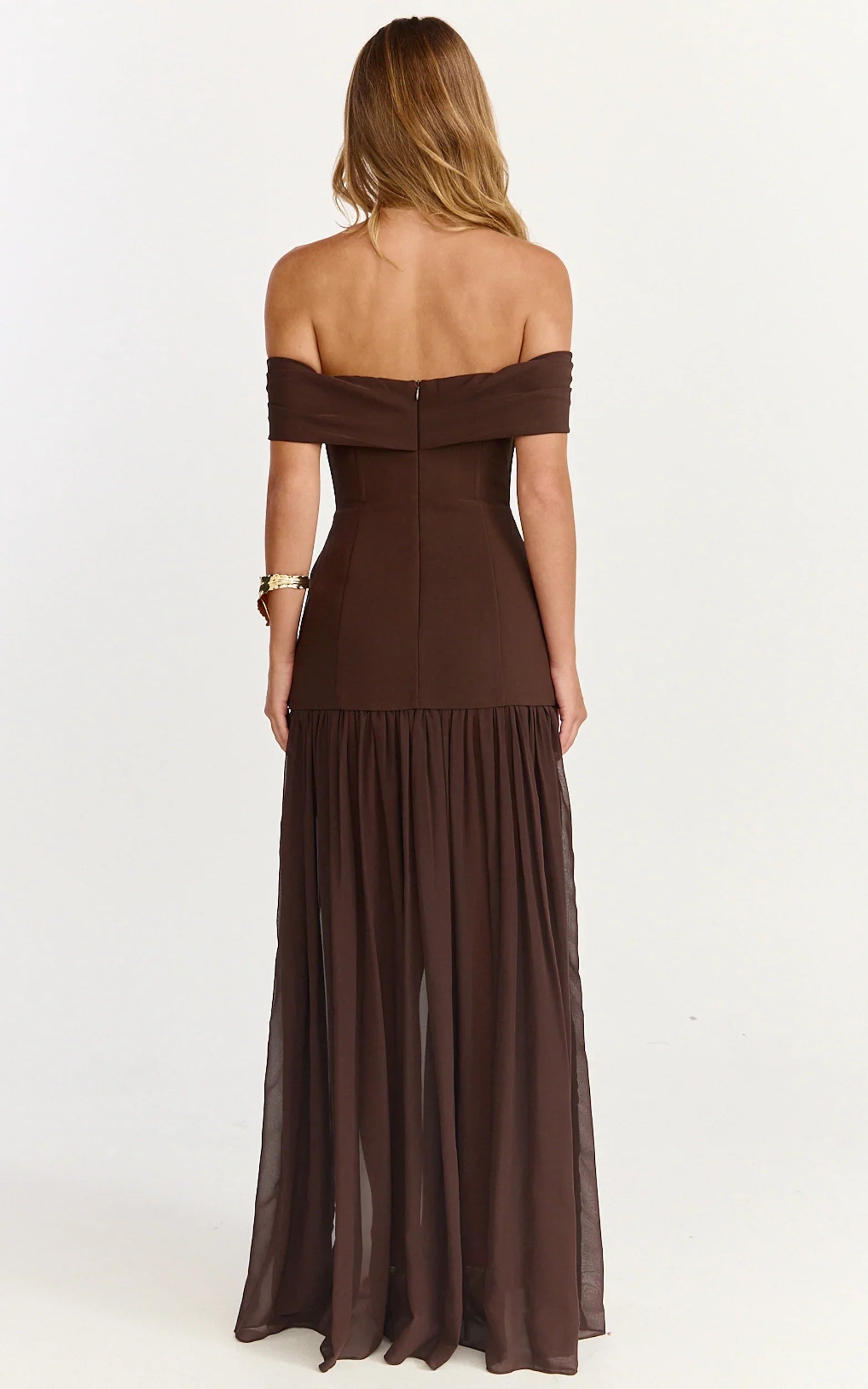 Robe longue Florence – Robe bustier à jupe transparente couleur chocolat