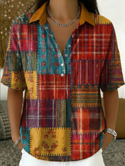 Women's Vintage Patchwork-print Cotton-linen Short-sleeve Shirt