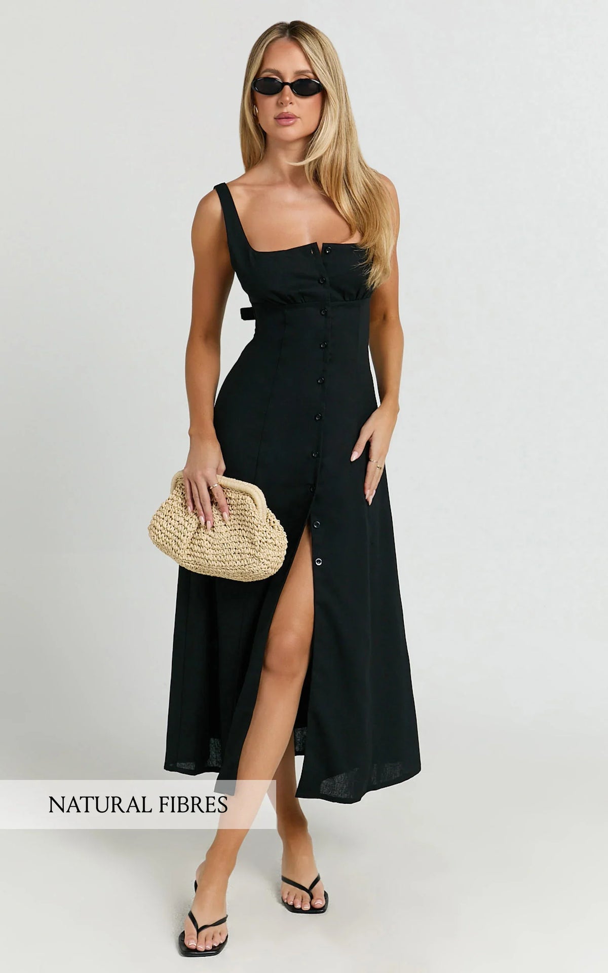Robe midi Cameron – Robe noire boutonnée avec liens au dos
