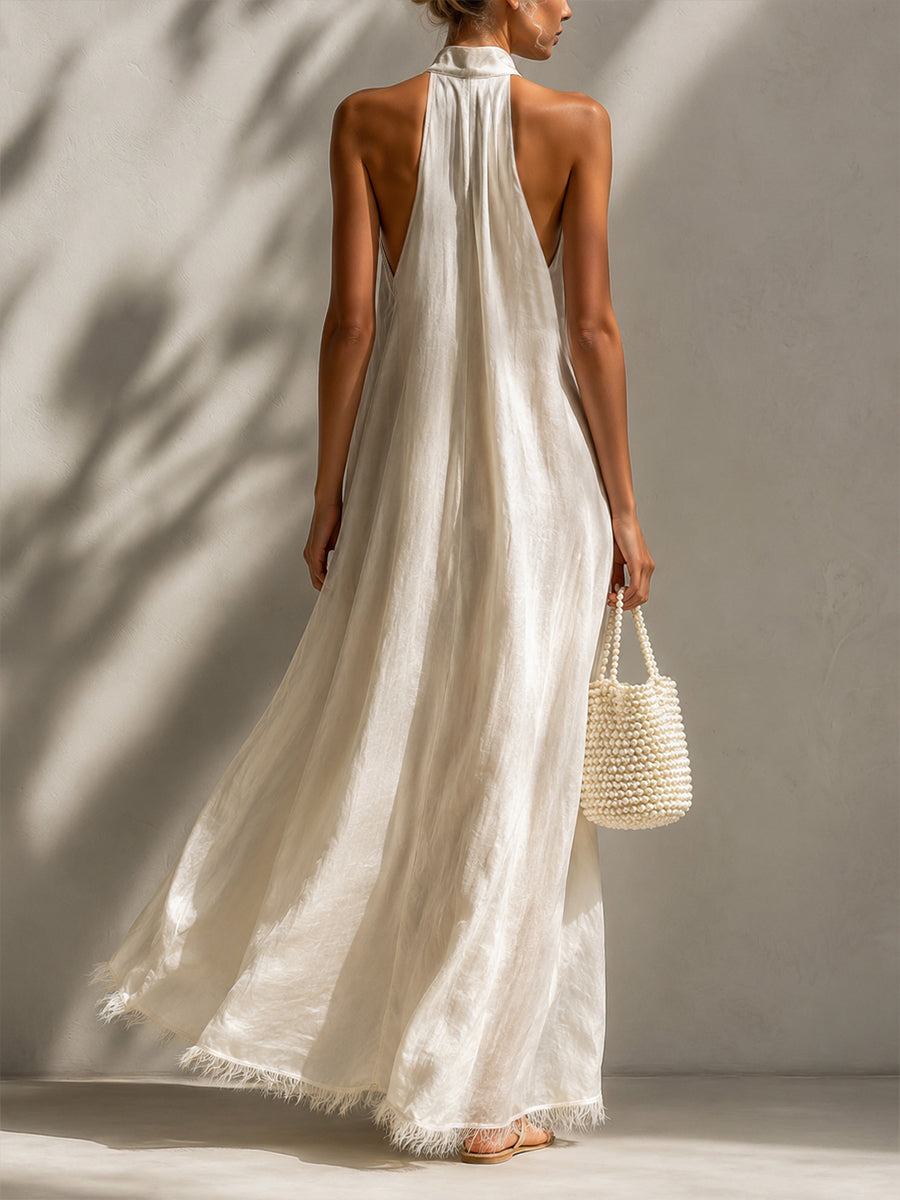 Casual Sleeveless Linen And Cotton Dress With Fringes