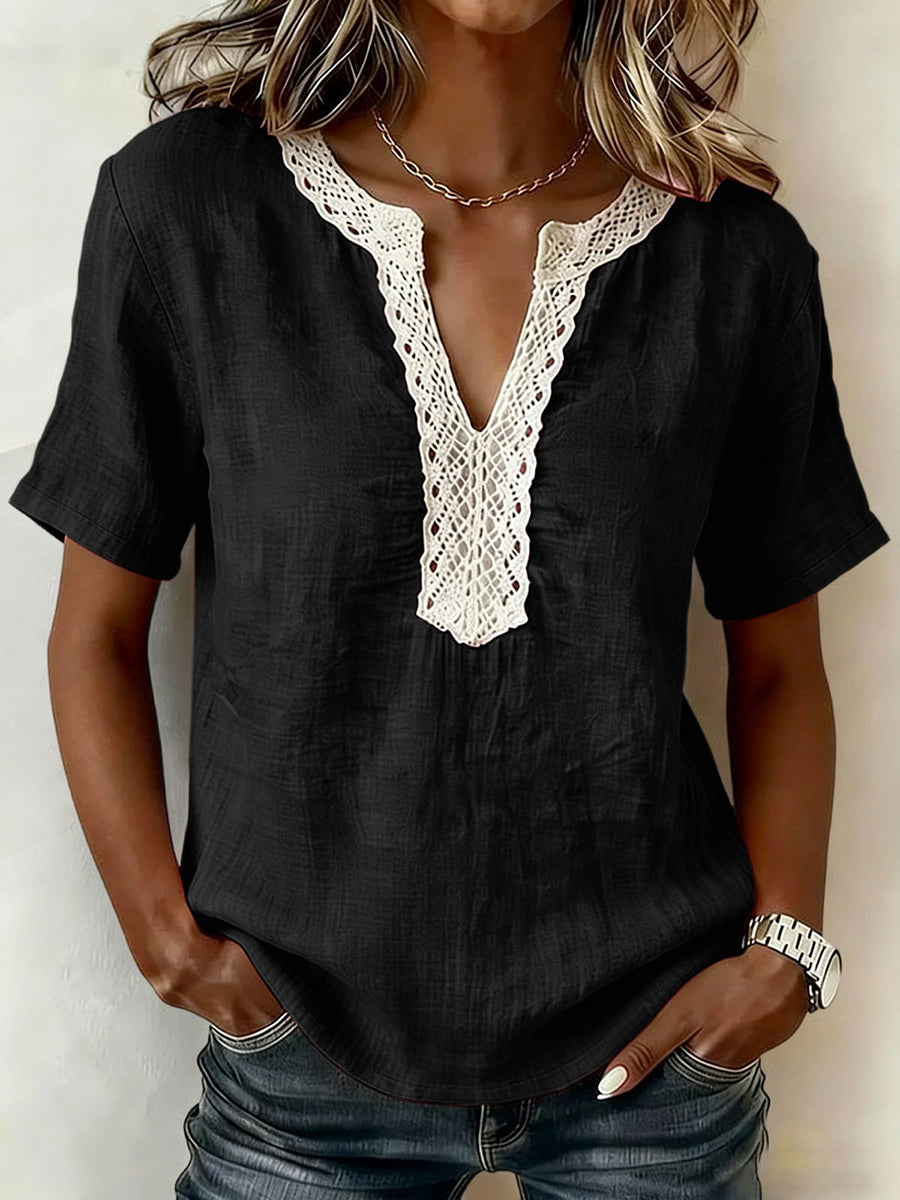 Casual Short-sleeve Top With Lace-trimmed Collar (linen & Cotton)