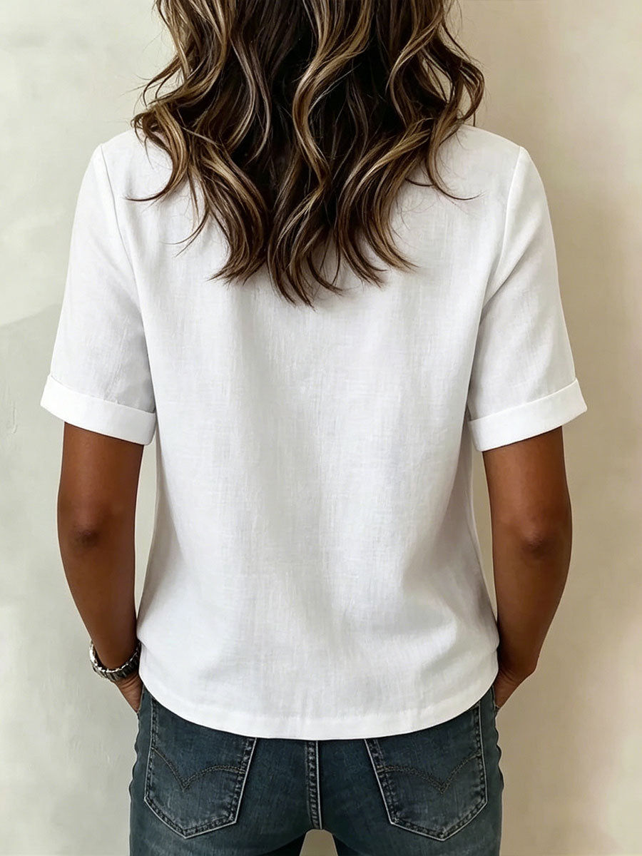 Women's Round Neck Button-front Casual Style Short-sleeve Cotton-linen Top