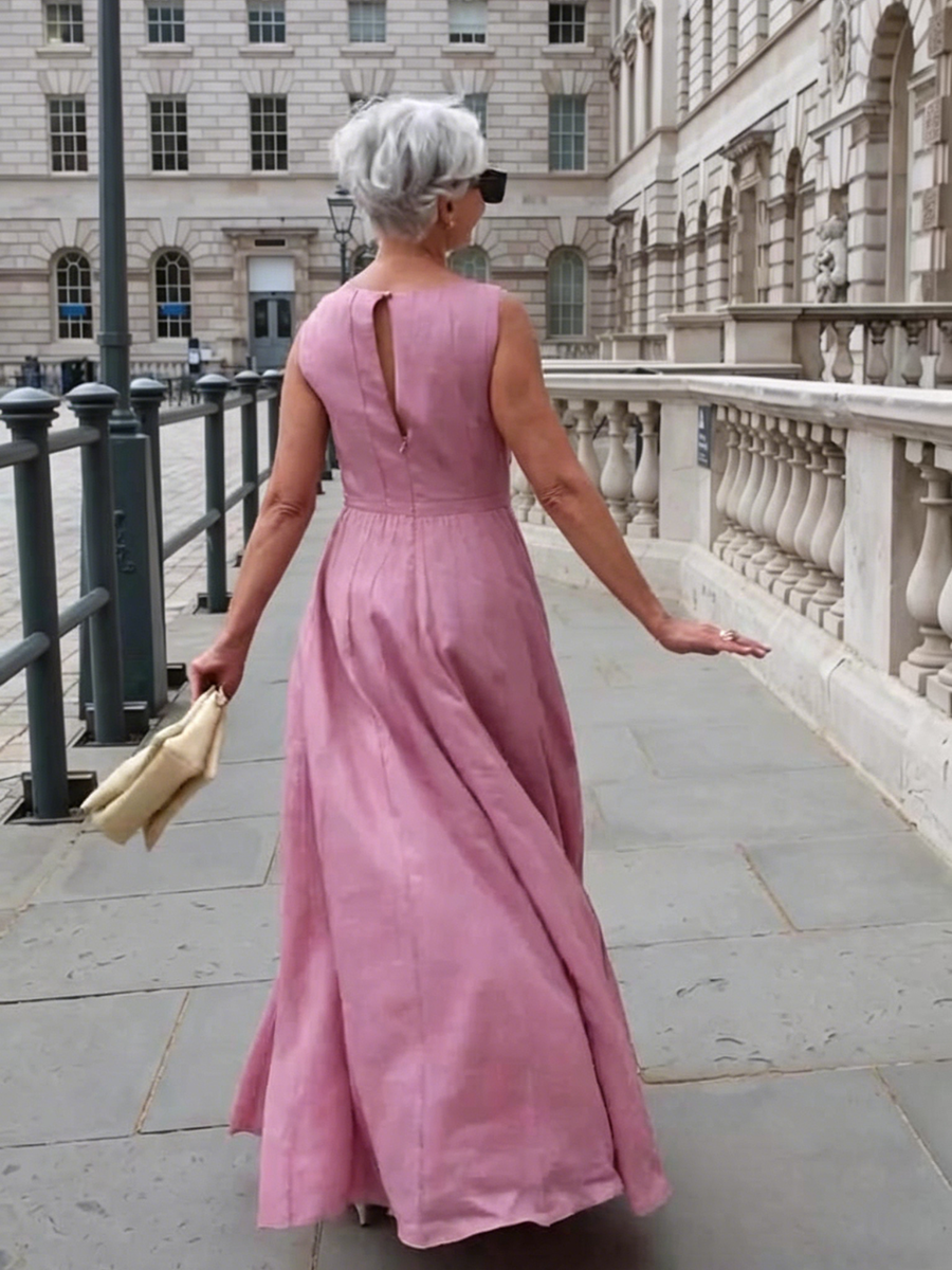 Elegant Boat-neck Pleated Cotton-linen Maxi Dress