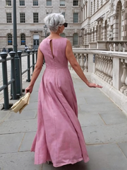 Elegant Boat-neck Pleated Cotton-linen Maxi Dress