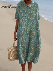 Women's Vintage Floral Art Print Pocket Linen Dress（Convertible Dress With Front And Back Option）