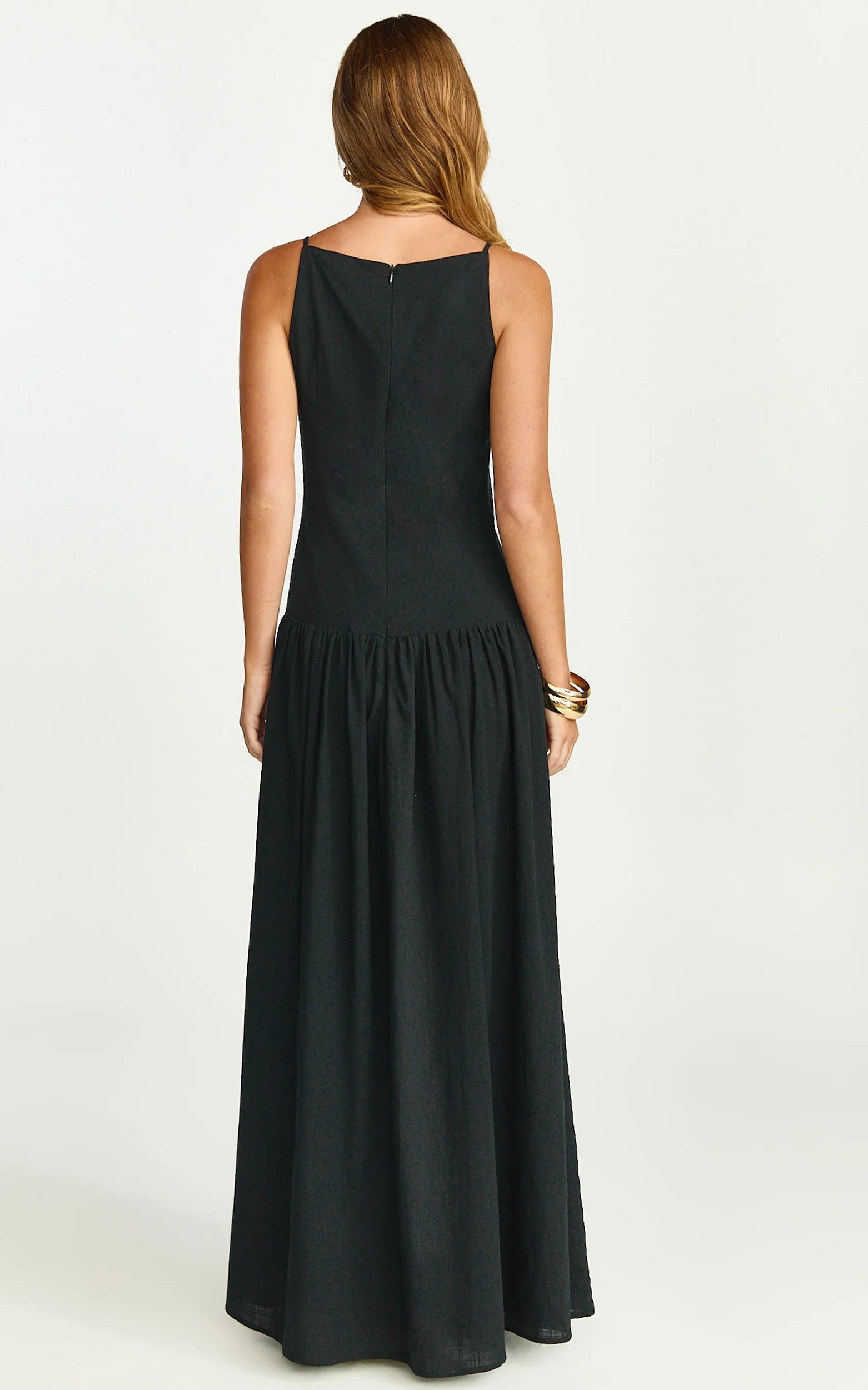 Robe longue Cortez - Robe boutonnée à encolure carrée et taille basse en noir