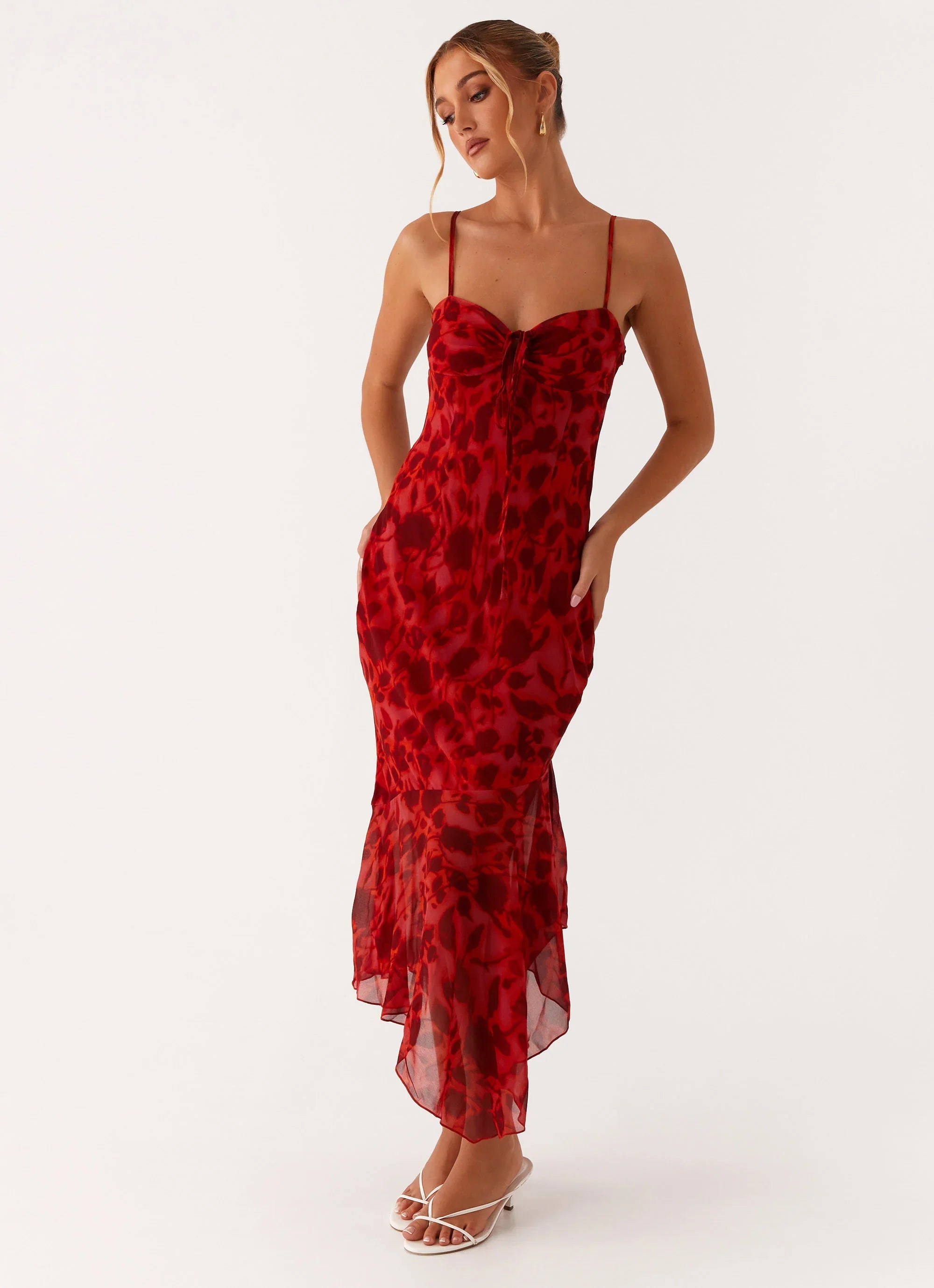 Robe midi Sally – Rouge floral profond