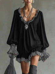 Women's Vintage Black Dress With Ruffled Trim