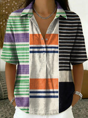 Women's Color-block Loose-fit Casual Cotton-linen Short-sleeve Popover Shirt