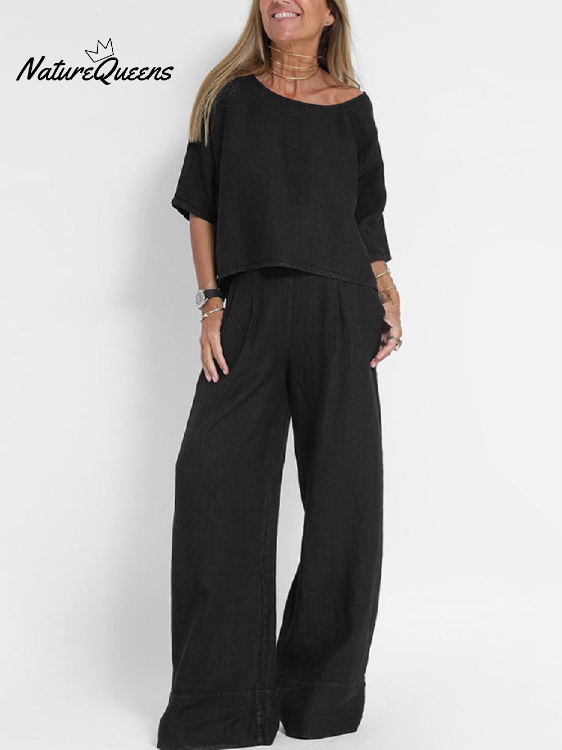 2-Piece Plus Size Casual Solid Color Short-sleeved Pants Set