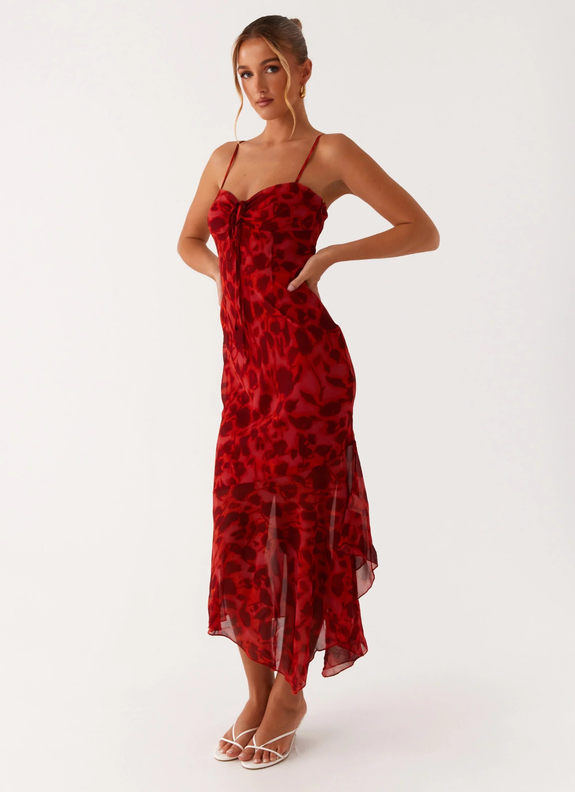 Robe midi Sally – Rouge floral profond