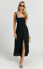 Robe midi Cameron – Robe noire boutonnée avec liens au dos