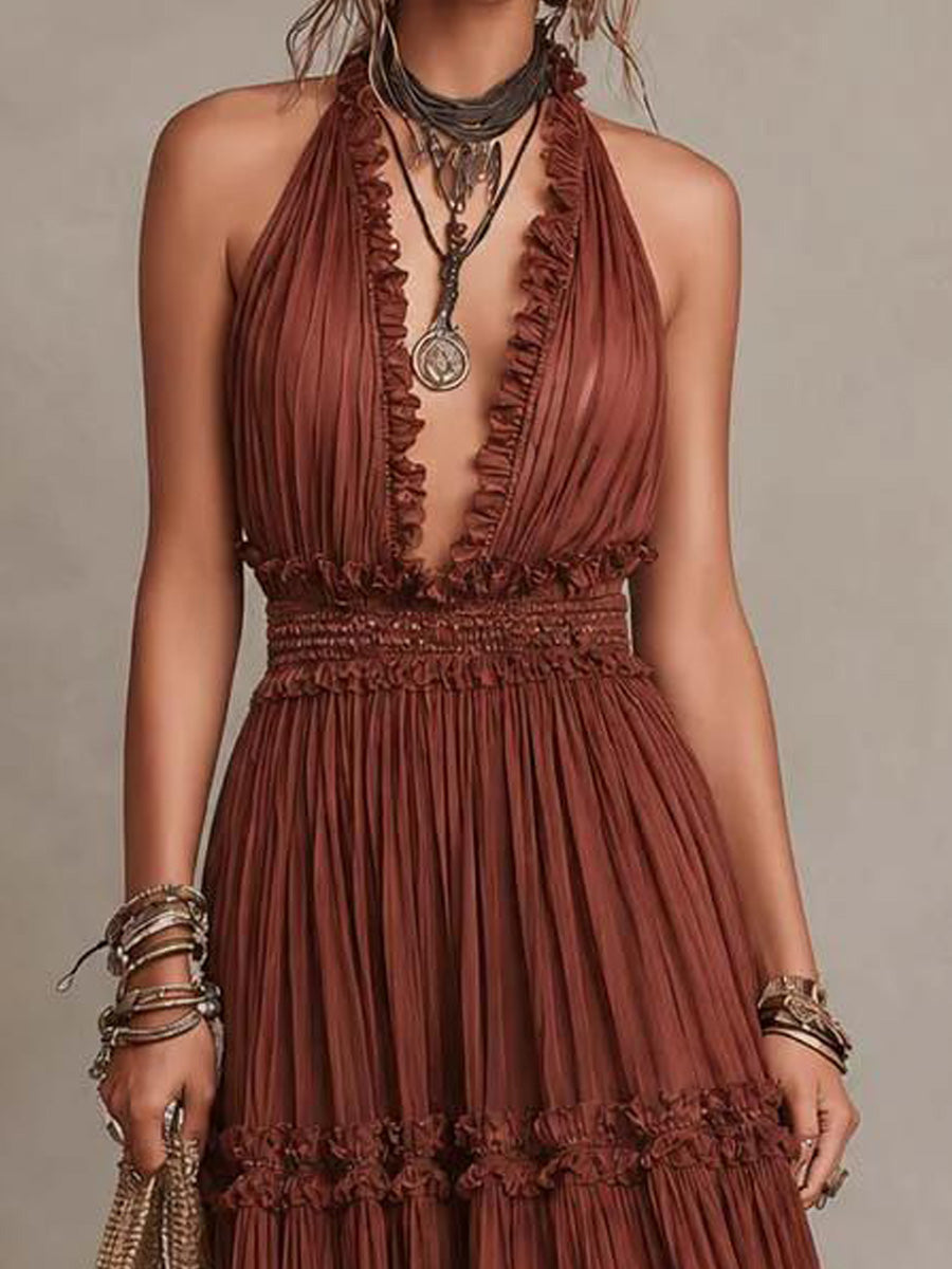 Halter-neck Deep V-neck Tiered Ruffle Chiffon Midi Dress
