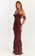 Robe longue Riley - Robe longue asymétrique à volants couleur chocolat