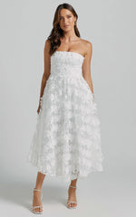 Robe Midi Rheiva - Robe Midi Bustier Broderie 3D Blanche