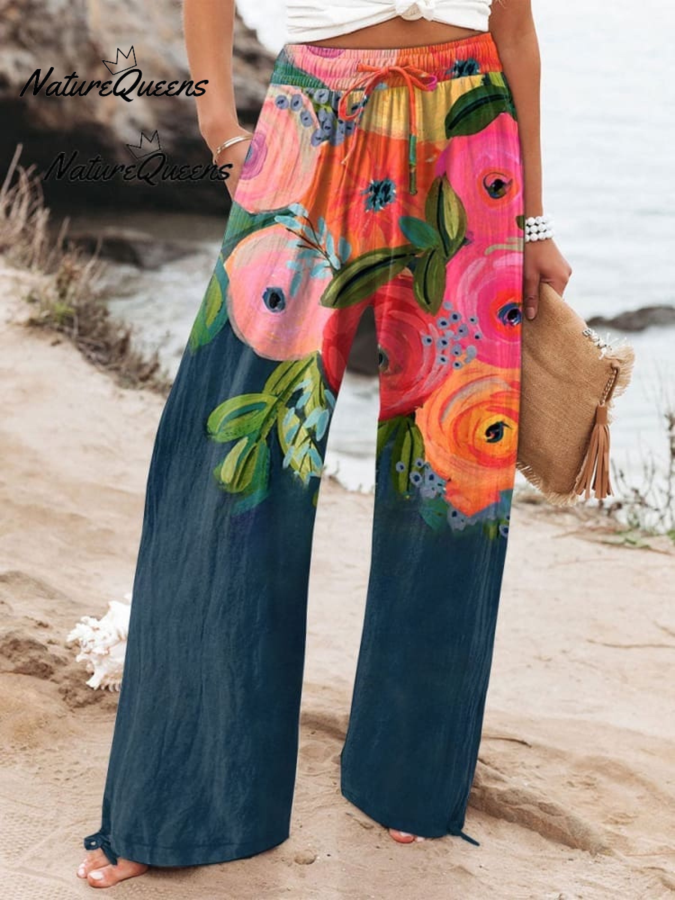 Women'sVintage Flowers Art Print Casual Linen V-neck Shirt