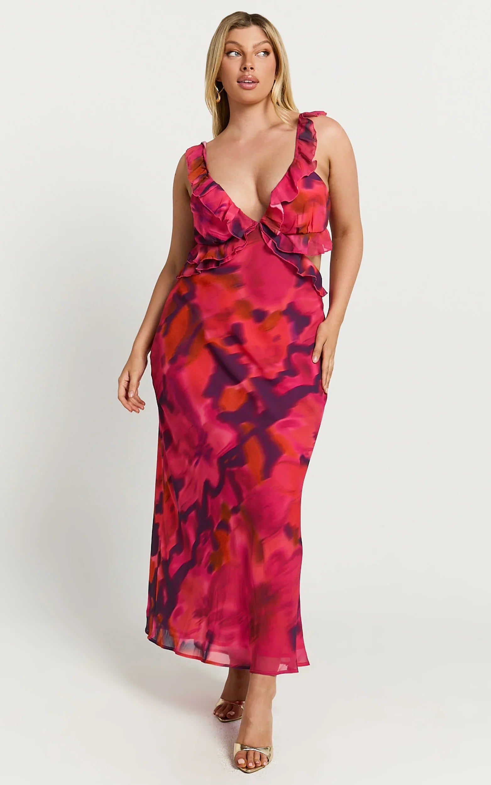 Robe longue Alessa - Col V à volants, taille empire et découpe au dos, imprimé Adeana