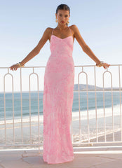 Robe longue à fines bretelles Vietta Sequin - Rose