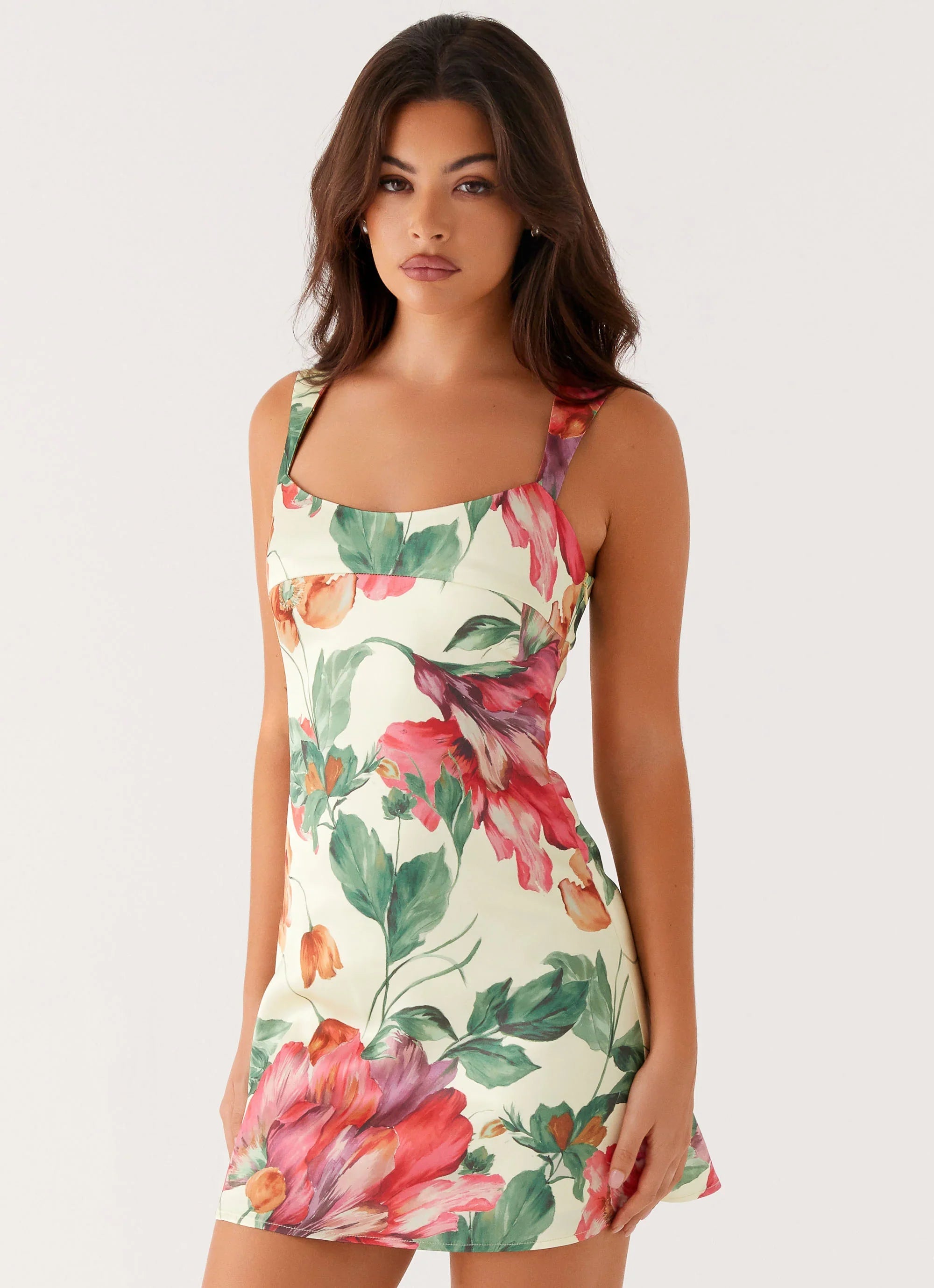 Mini-robe Odette en satin - Motif floral jaune