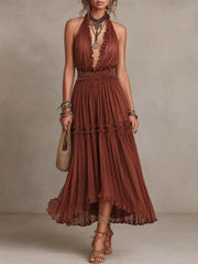 Halter-neck Deep V-neck Tiered Ruffle Chiffon Midi Dress