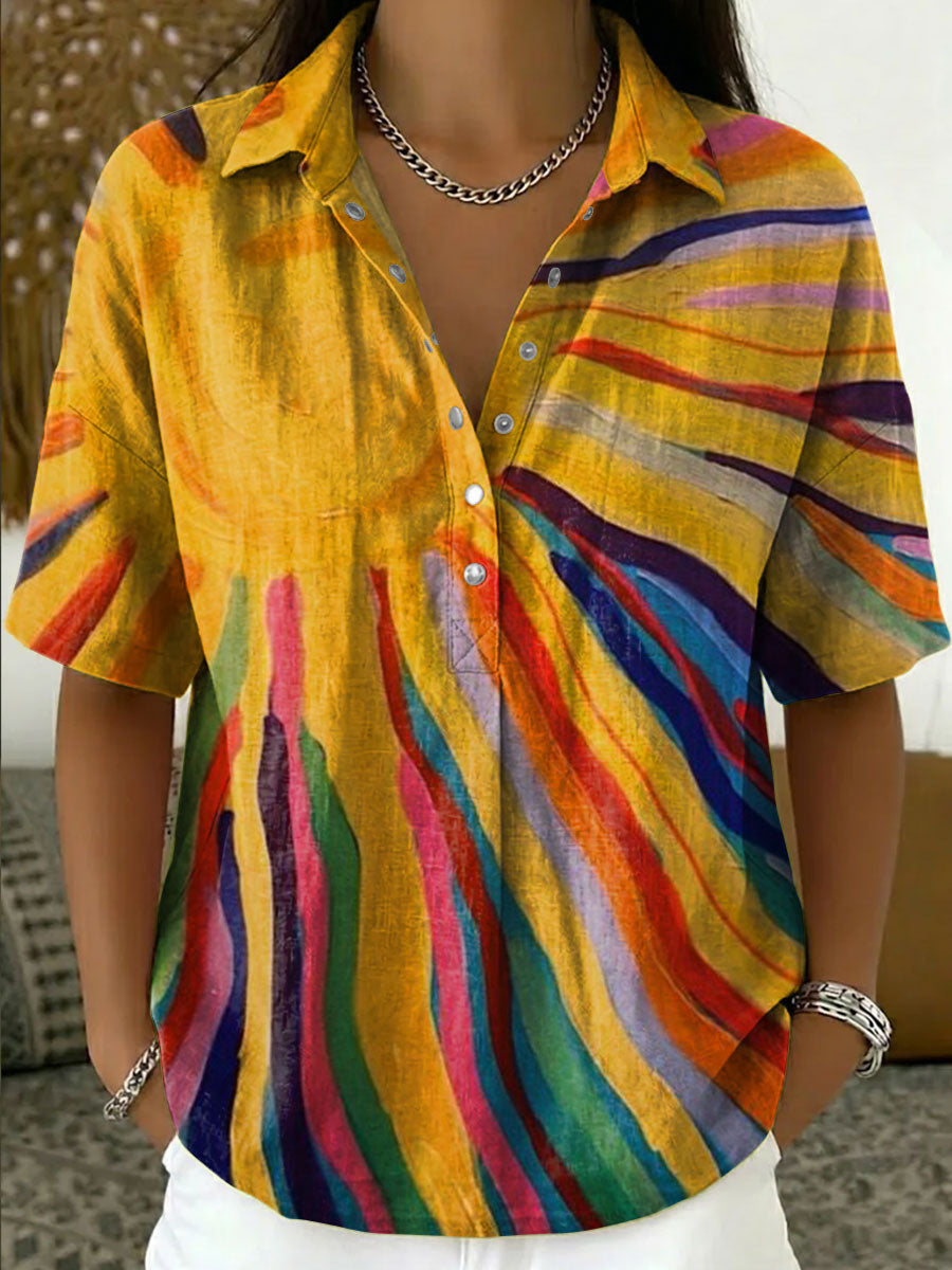 Women's Vintage Sun Casual Polo Collar Short-sleeved Linen And Cotton Shirt