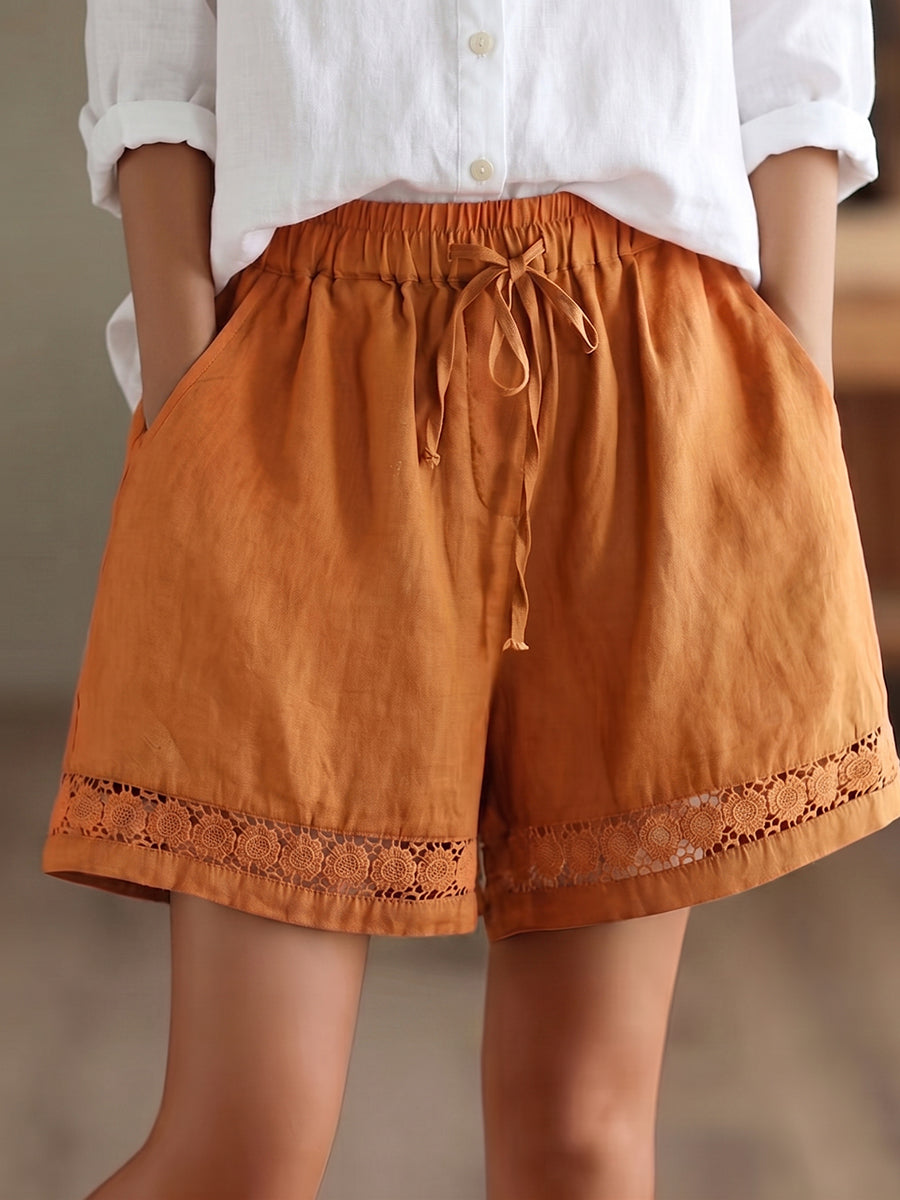 Floral Lace-trimmed Wide-leg Cotton-linen Shorts