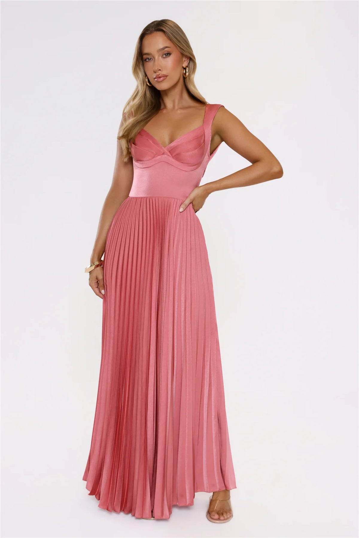 Robe longue plissée Satin Glow Rose