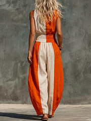 Women's Drape-neck Sleeveless Cotton-linen Jumpsuit