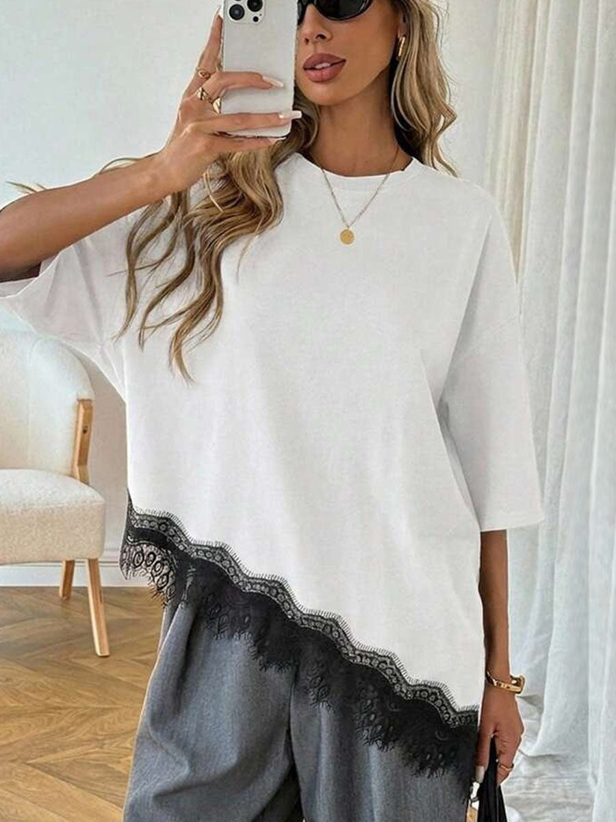 Women's Loose-fit Short-sleeve T-shirt With Leopard Print And Lace Splicing