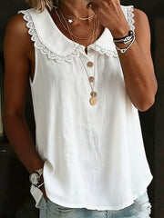 Women's Solid-color Sleeveless Shirt — Turn-down Collar, Lace Trim, Button-front