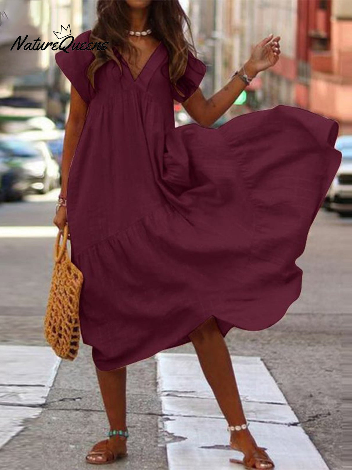 Temperament Cotton and Linen Loose V-neck Women's Dress