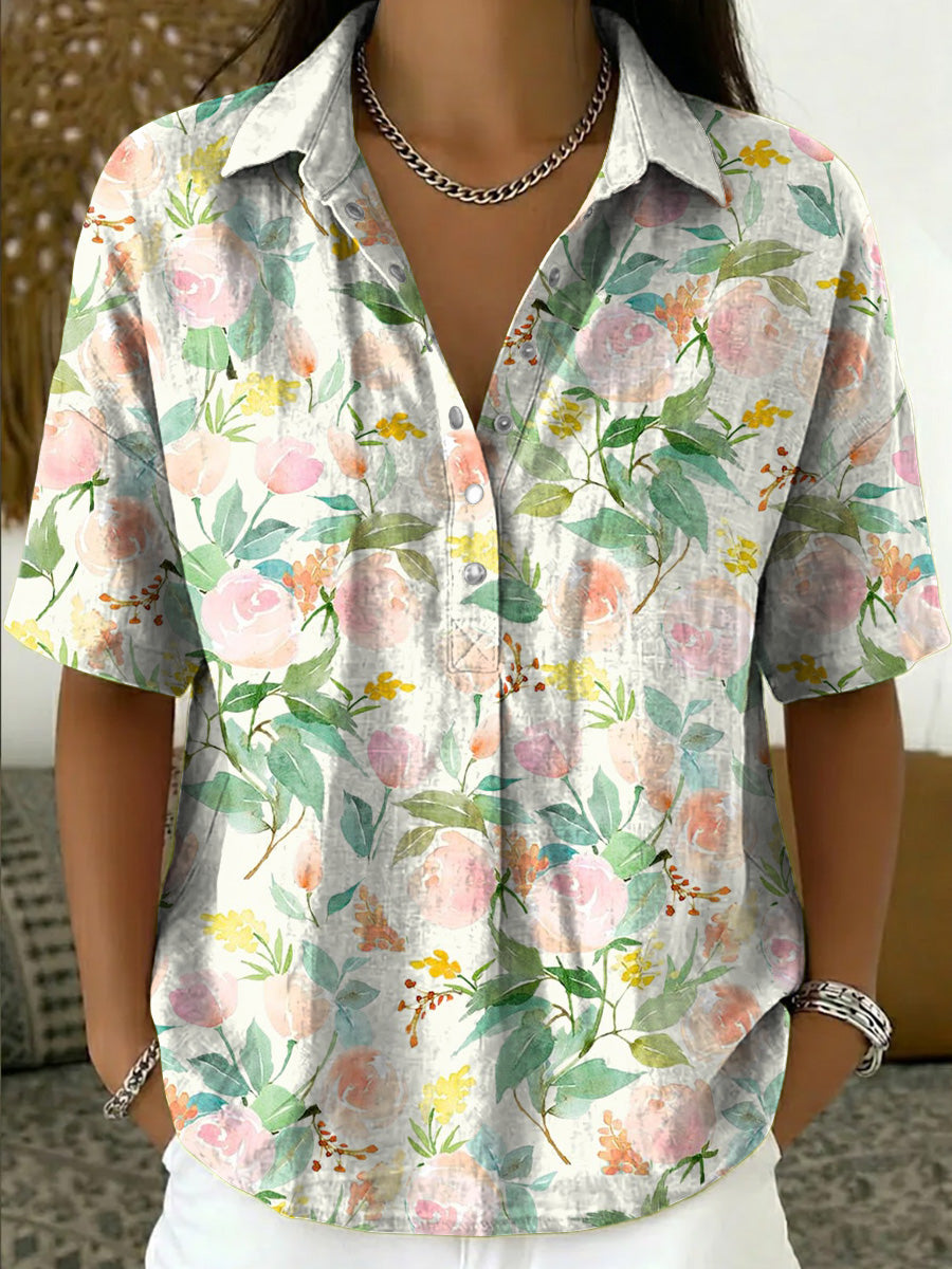 Artistic Watercolor Floral Print Short-sleeve Collared Shirt With Half-button Placket