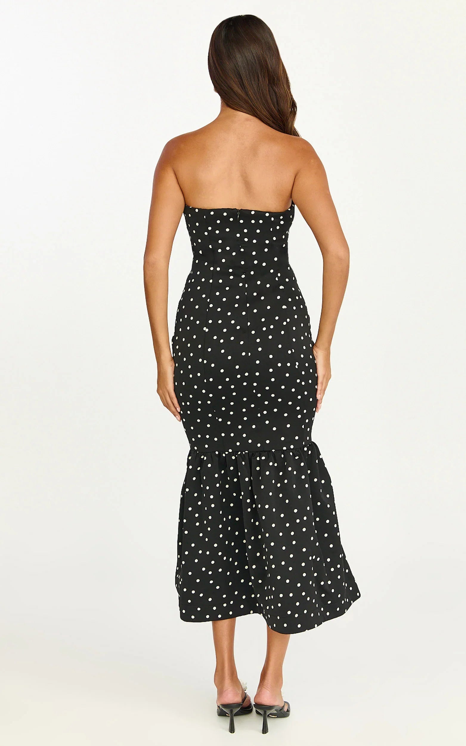Robe midi Seraphina - Robe à pois bustier, en dentelle, avec col froncé et jupe sirène, coloris pois noirs