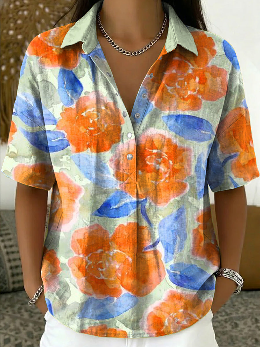 Women's Vintage Floral Art Print Cotton-linen Short-sleeve Shirt