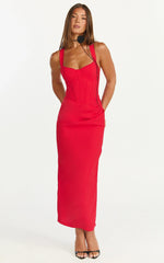 Robe midi Lila - Robe moulante rouge à corset et col en V
