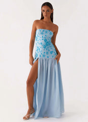Robe longue perlée sans bretelles Eden - Bleu