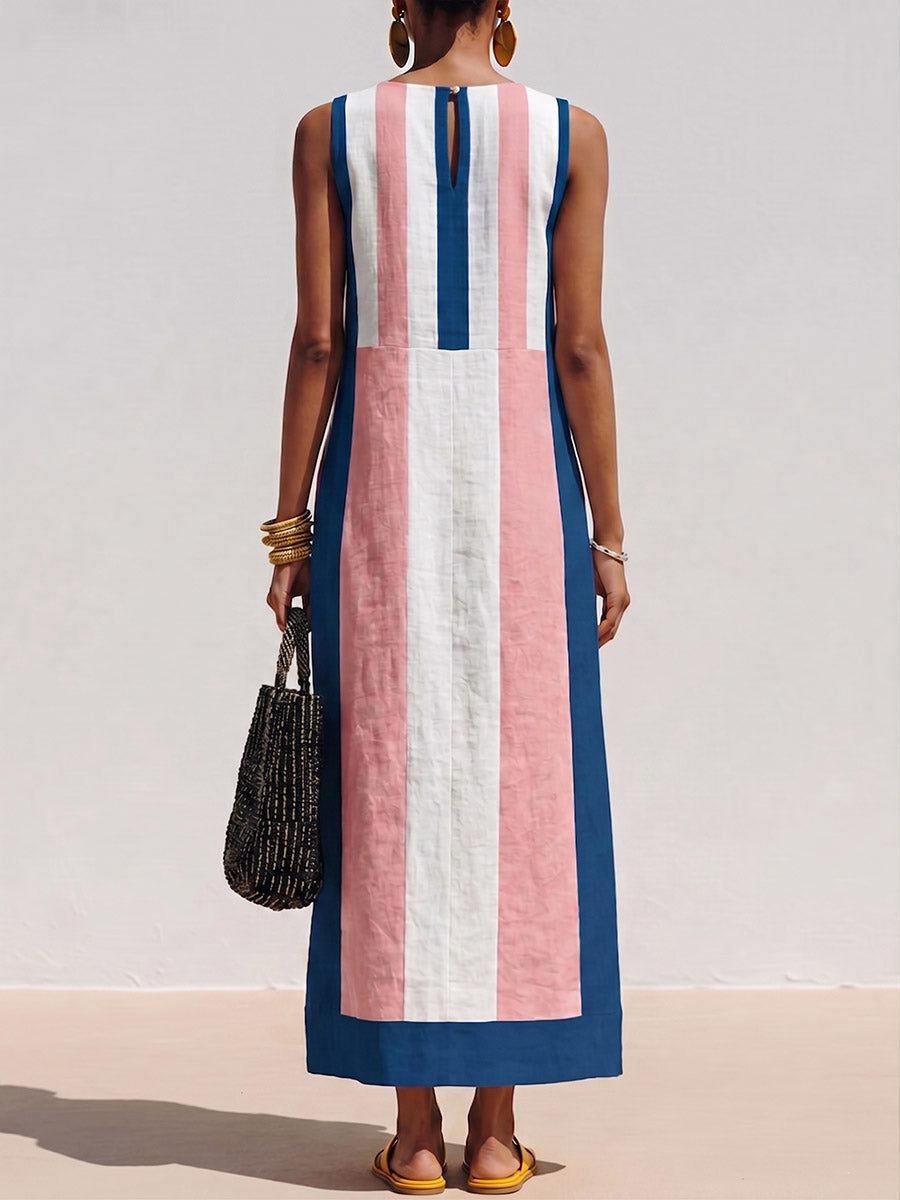 Women's Geometric Print Boat-neck Sleeveless Casual Loose Cotton-linen Dress