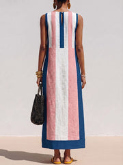 Women's Geometric Print Boat-neck Sleeveless Casual Loose Cotton-linen Dress