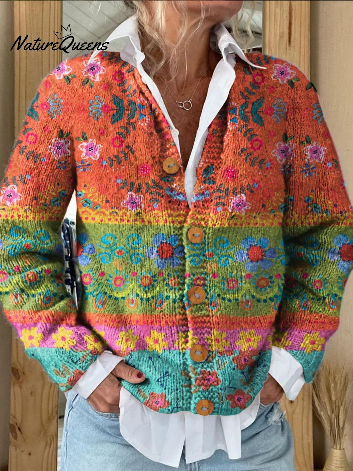 Women's Vintage Contrast Floral Art Print Buttoned Cardigan Sweater