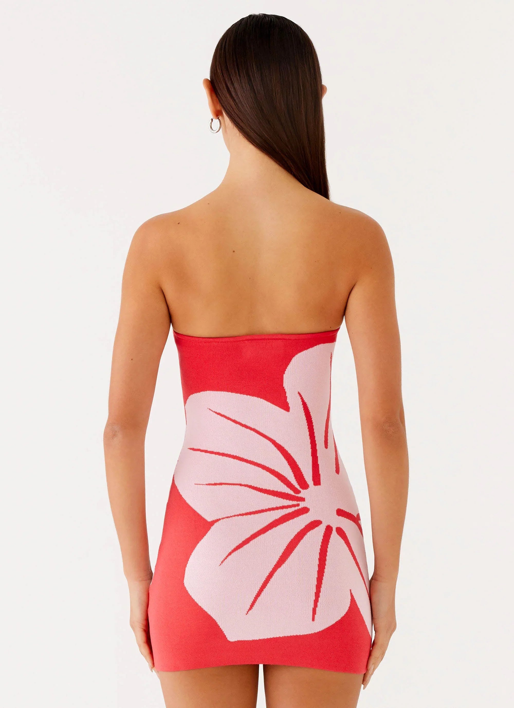 Robe courte en maille sans bretelles Kader – Rouge fleuri