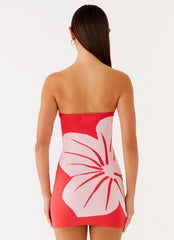 Robe courte en maille sans bretelles Kader – Rouge fleuri