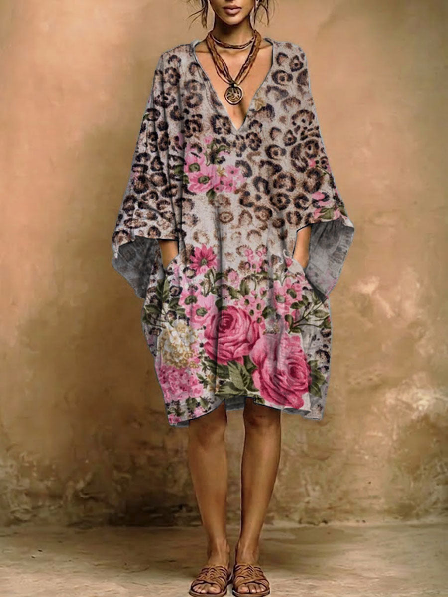 Women's Leopard Print V-neck Pocket Dress