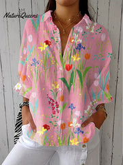 Women'sVintage Flowers Print Casual Linen V-neck Shirt