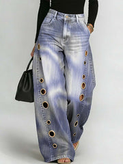 Women's Abstract Line Art Print Casual Stylish Hollow Denim Pants