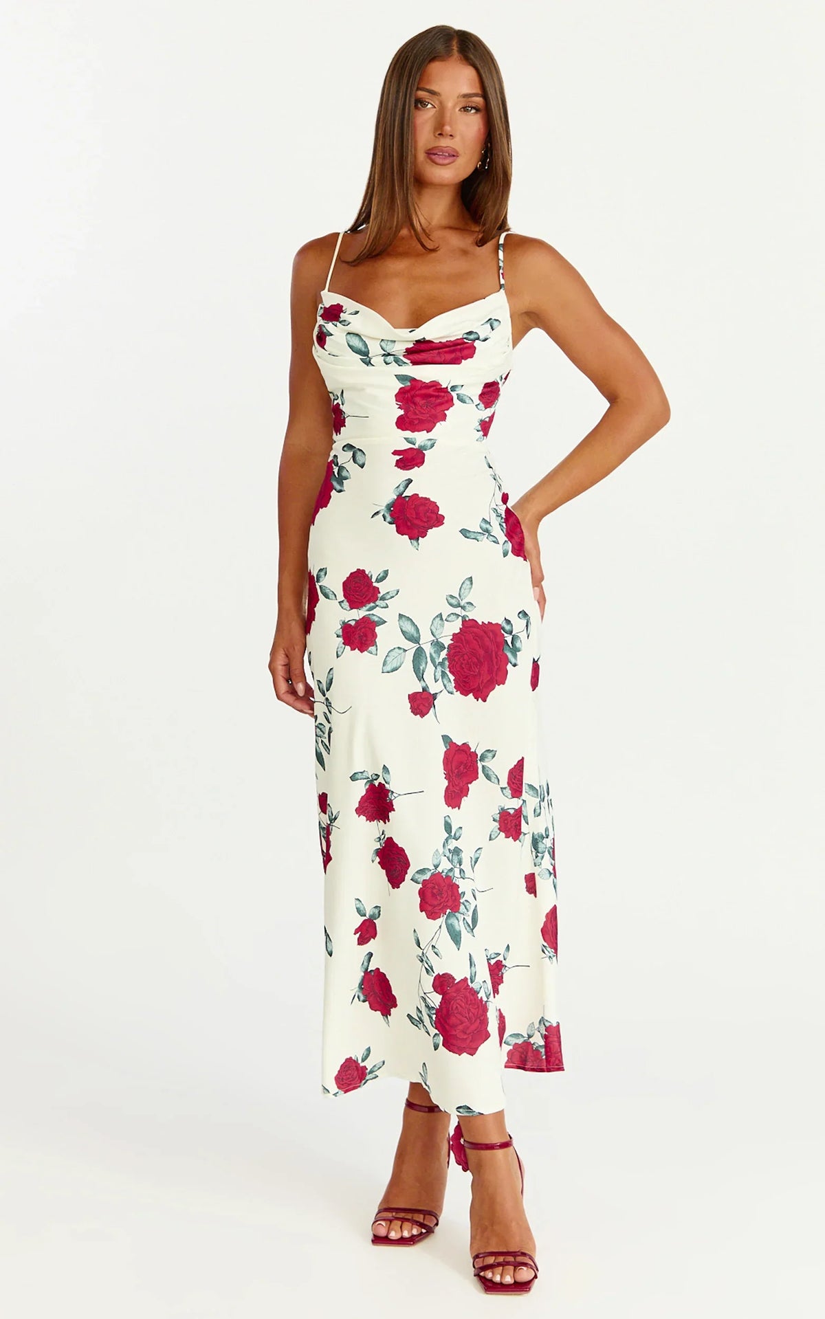 Robe Midi Dahlia - Robe trapèze à col bénitier motif Rose Écarlate